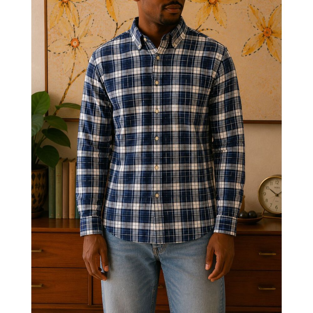Vintage Ralph Lauren Men Flannel Collared Shirt XL Navy Blue Plaid Classic Fit
